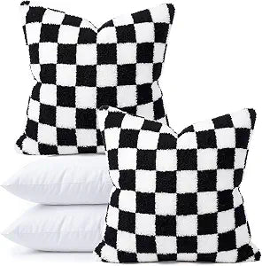 Breling 2 Set Black and White Checkered Throw Pillows with Inserts Super Soft Wool Plush Couch Pillows Ready to Use 18 x 18 Inch Checkerboard Decorative Pillowcases for Couch Sofa Living Room Bedroom