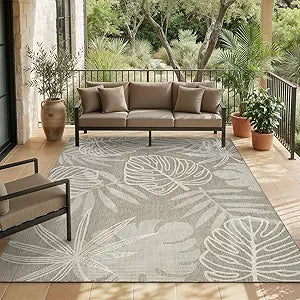MontVoo-Outdoor Rug-Patio Rug 5x7 ft Polypropylene Indoor Outdoor Rugs Outdoor Carpet for Patio Deck Balcony Porch, Textured Weave, Durable for High Traffic, Fade-Resistant, Tropical Silver Grey