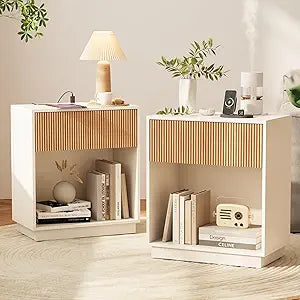 End Table with Charging Station,Fluted Nightstands Set of 2, Modern Bedside Table with Drawer and Storage Shelf, Wood Mid Century Night Stands for Bedroom Living Room (White)