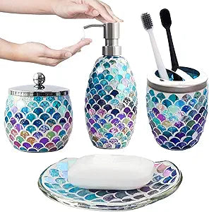 Escenzy Mermaid Bathroom Accessories Sets 4 Pcs | Luxurious Soap Dispenser, Toothbrush Holder, Cotton Glass Jar, Soap Tray | Mermaid Bathroom Decor | Modern Mosaic Glass Bathroom Accessories