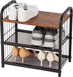 Narrow Shoe Rack for Small Spaces, 3-Tier Compact Shoe Organizer for Closet, Entryway, Small Apartment, Space Saving Metal & Wood Shoe Storage Shelf