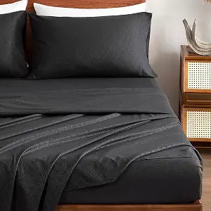 SLEEP ZONE Honeycomb Embossed Bed Sheets King, 4 Piece Luxury Hotel Bedding Sheet Set with 16'' Deep Pocket 1 Fitted Sheet 1 Flat Sheet 2 Pillowcases, Black