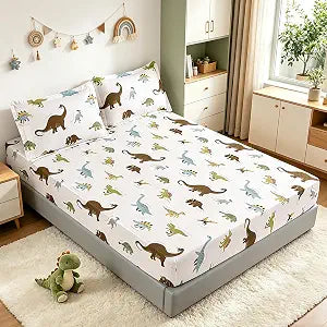 MAG Dinosaur Themed Full Size Bed Sheet Set, 3Pcs, Soft Microfiber, Colorful Dinosaurs, for Kids, Teens and Dinosaur Lovers, Includes Fitted Sheet (75���*54���*15���) and 2 Standard Pillowcases (20���*30���)
