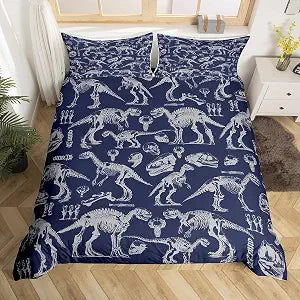 Dinosaur Skeleton Bedding Set Twin Size,Dinosaur Sugar Skull Duvet Cover Set,Wild Animals Comforter Cover for Kids Teens Boys Men Room Decor,Vintage Sketch Dark Blue Quilt Cover,1 Pillowcase