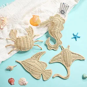 Wesiti 4 Pcs Wicker Sea Wall Decor Fish Stingray Crab Seahorse Hanging Decors Handmade Wicker Beach Ocean Theme Ornaments Coastal Nautical Sculpture for Boho Bathroom Indoor Outdoor Wall Art