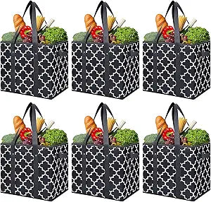 WISELIFE Reusable Grocery Bags 6-Pack Foldable Washable Large Storage Bins Basket Water Resistant Shopping Tote Bag Black