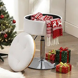 LUE BONA 360Swivel Vanity Stool Chair for Makeup Room, Height Adjustable Stool for Vanity with Storage, Small White Faux Leather for Bathroom, Living Room