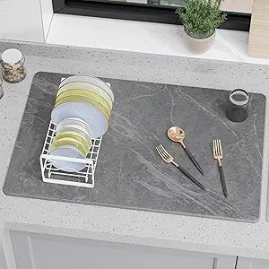 Large Stone Drying Mat for Kitchen Counter, 24"  16" Diatomite Dish Drying Mat, Quick Dry Stone Mats, Ultra Absorbent Natural Diatomaceous Earth Mats for Dished, Bottles, Black Marble