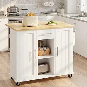 SUNLEI Island Table for Kitchen with Storage, Portable Kitchen Island Cart with Drop Leaf, Rolling Kitchen Island Table with Drawer, Cabinet & Towel Rack, Farmhouse Kitchen Island, White