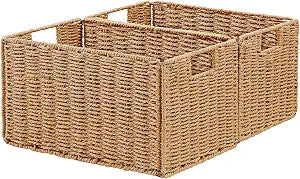 Vagusicc Wicker Storage Basket, Set of 2 Hand-Woven Paper Rope Wicker Basket, Small Storage Baskets for Organizing Toilet Paper Basket, Foldable Large Cube Storage Organizer Bins for Shelves (Natural)