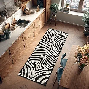 Zebra Print Runner Rug 2x6,Zebra Pattern Hallway Rugs Indoor Entrance Door Mat Washable Kitchen Runners Beige White and Black Area Rug Non Slip Throw Carpet for Entryway Hallways Laundry,Bedroom