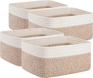 OIAHOMY 4 Pack Storage Baskets for Organizing, Small Bins for Shelves, Cute Decorative Storage Bins, Organizer Baskets for Gifts Empty, 13.8''Lx9.8''Wx5.5''H, Brown/White