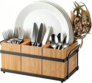 Silverware Caddy Wood Utensil Holder 4-in-1 Bamboo Utensil Caddy with Removable Divider Portable Kitchen & Dining Organizer for Forks, Napkins, Plates, BBQ, Picnic, Camping Countertop Organizing