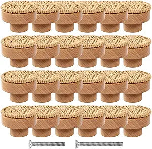 ANPHSIN 24 Pack Boho Rattan Cabinet Dresser Knobs- Durable Beech Wood Drawer Knobs, Decorative Handmade Wicker Woven Pulls Handles with 48 Screws for Home Furniture