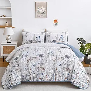 Dobuyly Blue Quilt Full Size Floral Botanical Full Quilt Bedding Set 3 Pieces Soft Lightweight Microfiber Brown Flower Bedspread Coverlet Set for All Season, 78"x90"