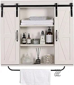 RUSTOWN Rustic Wood Wall Storage Cabinet with Two Sliding Barn Door, 3-Tier Decorative Farmhouse Vintage Cabinet for Kitchen Dining, Bathroom, Living Room, Vintage White
