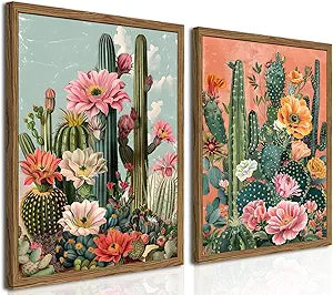 Framed Mexican Cactus Canvas Wall Art Set of 2, Vintage Desert Floral Wall Decor Paintings, Southwestern Boho Botanical Pictures Prints Aesthetic Home Decor for Living Room Bedroom Bathroom 16x24 inch