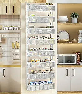 8-Tier Over The Door Pantry Organizer with Mesh Baskets, Adjustable & Stable Hanging Spice Rack for Kitchen, Bathroom, Bedroom, and Baby Essentials Storage (16" W 8-Tiers, White)