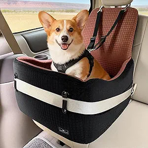 PETSFIT Dog Car Seat for Small/Medium Dogs Up to 35 lbs  Patented Safety System, 5" Memory Foam Pet Booster Car Seat, Fully Detachable and Washable Dog Carseat with 2 Storage Pockets (Black/Brown)