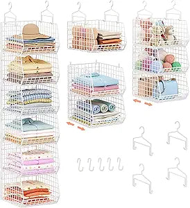 6 Tier Extended Depth Hanging Closet Organizer, Closet Storage Hanging Shelves with Hanging Hooks for Clothes Sweaters Towels Handbags, Stackable Metal Mesh Bins For Closet, Laundry, Bathroom, Dorm