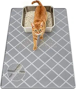 Cat Litter Mat, Extra Large 34" x 22" Silicone Mat Litter Trapping Mat with Surface Brush for Scatter Control, Soft on Kitty Paws, Easy to Clean (Light Grey)