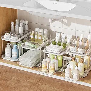 Delamu 4 Pack 2-Tier Bathroom Under Sink Organizers and Storage, Multi-Purpose Stackable Pantry Organization and Storage, Pull Out Clear Kitchen Bathroom Cabinet Organizer with Movable Dividers, White