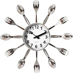 Quickway Imports Decorative 3D Cutlery Utensil Spoon and Fork Wall Clock for Kitchen, Playroom or Bedroom, Silver