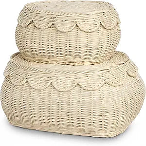 BEBE BASK The Original Scalloped Basket Set Of 2  Small Scallop Basket - 15 x 11 x 6 In - Hand-Woven & Award-Winning - Elegant Wicker With Scalloped Edge Lid - Nursery Storage - (Natural)