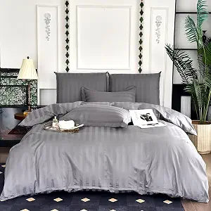 Hotel Duvet Cover Queen Size Cotton Grey Satin Striped 3 Pcs Set | Natural Cotton Breathable Cooling Elegant Grey Satin Damask Striped Hidden Zipper Corner Ties Comforter Cover Queen Size