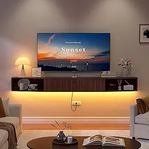 47 inch Floating TV Stand,Plywood Wall Mounted Entertainment Center with 1 Door & 2 Open Cabinets,Floating Media Console with Wire Holes,Hanging TV Shelf for Living Room, Bedroom Walnut