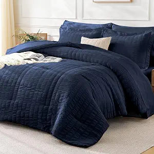 FreshCulture Comforter Set Seersucker 5 Pieces, All Season Bedding Set Twin XL, Bed in a Bag Comforter Set with Comforter, Flat Sheet, Fitted Sheet, Pillowcase and Pillow Sham, Navy