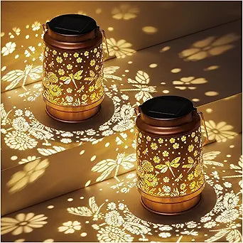 2 Pack Dragonfly Solar Lanterns Outdoor Waterproof Daisy Garden Decor Birthday Gifts for Women Mom Grandma Hanging Solar Lights Metal Lantern Decoration Outside for Porch,Patio,Yard,Backyard