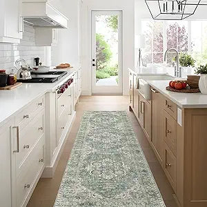 LUXRUG Kitchen Runner Rugs Non Skid Washable - 2.5x8ft Long Sage Green Farmhouse Boho Hallway Runner Rug Low Pile Soft Vintage Farmhouse Oriental Carpet for Hallway Laundry Room Entryway Bedroom