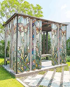 Outdoor Curtains for Patio, Butterfly Stained Glass Waterproof Blackout Outside Curtain for Porch/Pergola/Gazebo, Summer Butterflies Botanical Vintage Thermal Insulated Drapes, 2 Panels, 54 x 84 Inch