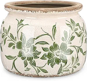 7.7" Large Vintage Ceramic Plant Pot Beige Green Farmhouse Peony Crackle Glaze Rustic Flowers Planter Pot with Drainage for Indoor Outdoor Plants Kitchen Office Shelf Home Decor Gift
