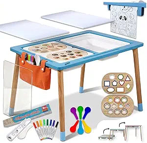 Blue Sensory Table for Toddlers  Montessori Activity Table with 3 Bins, 2 White Acrylic Lids, Transparent Lid, Paper Roll Holder, Wooden Inserts, Storage Bag & Adjustable Heights