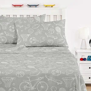 Wake In Cloud -Sports Bed Sheets, 4-Piece Sheet Set, Baseball Basketball Football Soccer Rugby Pattern Printed Bedding for Kids Boys Teens, Deep Pocket, Grey, Full Size