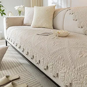 Cotton Quilted Dog Couch Cover for Sofa Farmhouse Rustic Embroidery Sectional Couch Cover Soft Anti-Slip Sofa Slipcover Furniture Protector for Kids, Pets (Khaki,28"x59")