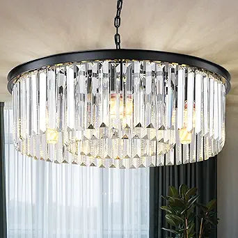 Black Modern Crystal Chandelier, 2-Tier Round Flush Mount Ceiling Light Fixtures Height Adjustable Pendant Lighting for Dining Room Living Room Bedroom Kitchen Hotel Foyer
