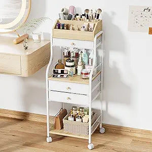 SWTYMIKI Rolling Makeup Organizer Cart - Floor Skincare Storage with Non-woven Drawers, Vanity Organizer Cosmetic Display Cases with Wheels, Cabinet for Skin Care Perfume Nail Polish Brush Hair Tool