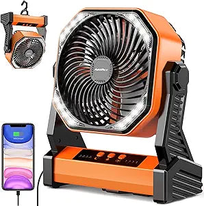 20000mAh Battery Powered Camping Fan, 58Hrs Rechargeable Portable Fan, 400LM Light, 360┬░ Hook, Whisper Quiet Battery Operated Fan for Outdoor Car Travel Gear Essentials Power Outages Co-brand AMACOOL
