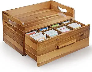 Tinamo Acacia Wooden Tea Box Organizer with Drawer  Tea Chest for Tea Bags Storage  Tea and Coffee Organizer - Wooden Tea Tray and Containers for Countertop Display (Acacia)