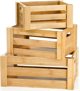 Lawei Set of 3 Bamboo Nesting Crates with Handles, Rustic Decorative Storage Container Box, Crate Box for Display, Farmhouse Bamboo Basket Bins for Fruit, Vegetable, Kitchen, Office, Bedroom, Closet