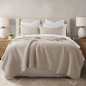 HORIMOTE HOME 100% Cotton Quilt Queen Size, Beige Soft Lightweight Cotton Bedspread Coverlet 3 Pieces Scalloped Edge Geometric Stitching Quilt Bedding Set with 2 Shams for All Season, 90 x 96 inches