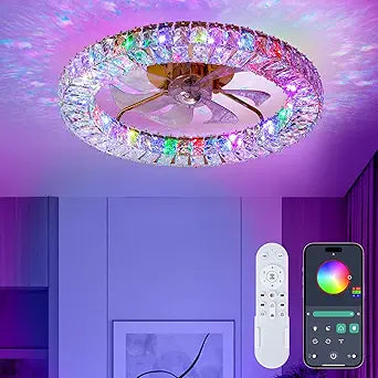 Crystal Chandelier Ceiling Fan with LightsSmart Bladeless RGB-LED Fan Light with Remote/APP Control, 22" Modern Low Profile Flush Mount Fandelier for Living Room, Dinning Room, Bedroom