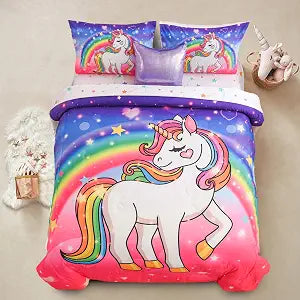 Aimuan Girls Unicorn Comforter Set 6 Pieces Pink Purple Bedding Set with Rainbow Star Galaxy Stars Fantasy Children Room Decor Soft Reversible Bed Sets for Boys/Girls/Teens (Pink-Purple Twin6Pcs)