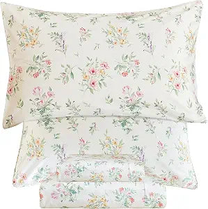 QSH Green Floral Egyptian Cotton Sheets King Size, Yellow Flowers Pattern Printed Bed Sheets Sets King Size Botanical Aesthetic Extra Soft and Breathable 17.5" Deep Pockets Bedding Sheets 4pcs