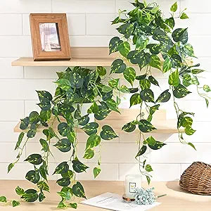 Waipfaru Fake Plants Artificial Plants Indoor, 2Pcs 34" Realistic Artificial Hanging Fake Pothos Vines Ivy Potted, Faux Pothos for Living Room Office Bedroom Bathroom Kitchen Shelves Indoor Home Decor