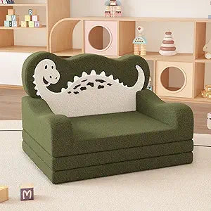 YACODAVO 2-in-1 Toddler Couch Fold Out, Foldable Kids Sofa, Kids Chairs Comfy, Gift for Boys, Gift for Birthday, Children's Day, Dark Green Dinosaur