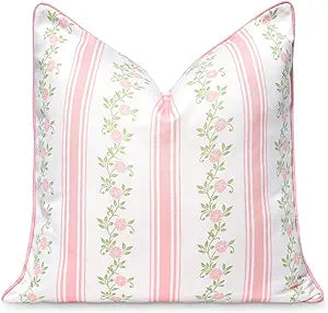 Hofdeco Premium Coastal Patio Indoor Outdoor Throw Pillow Cover Only, 20"x20" Water Repellent for Backyard, Couch, Blush Pink Print Stripe Floral